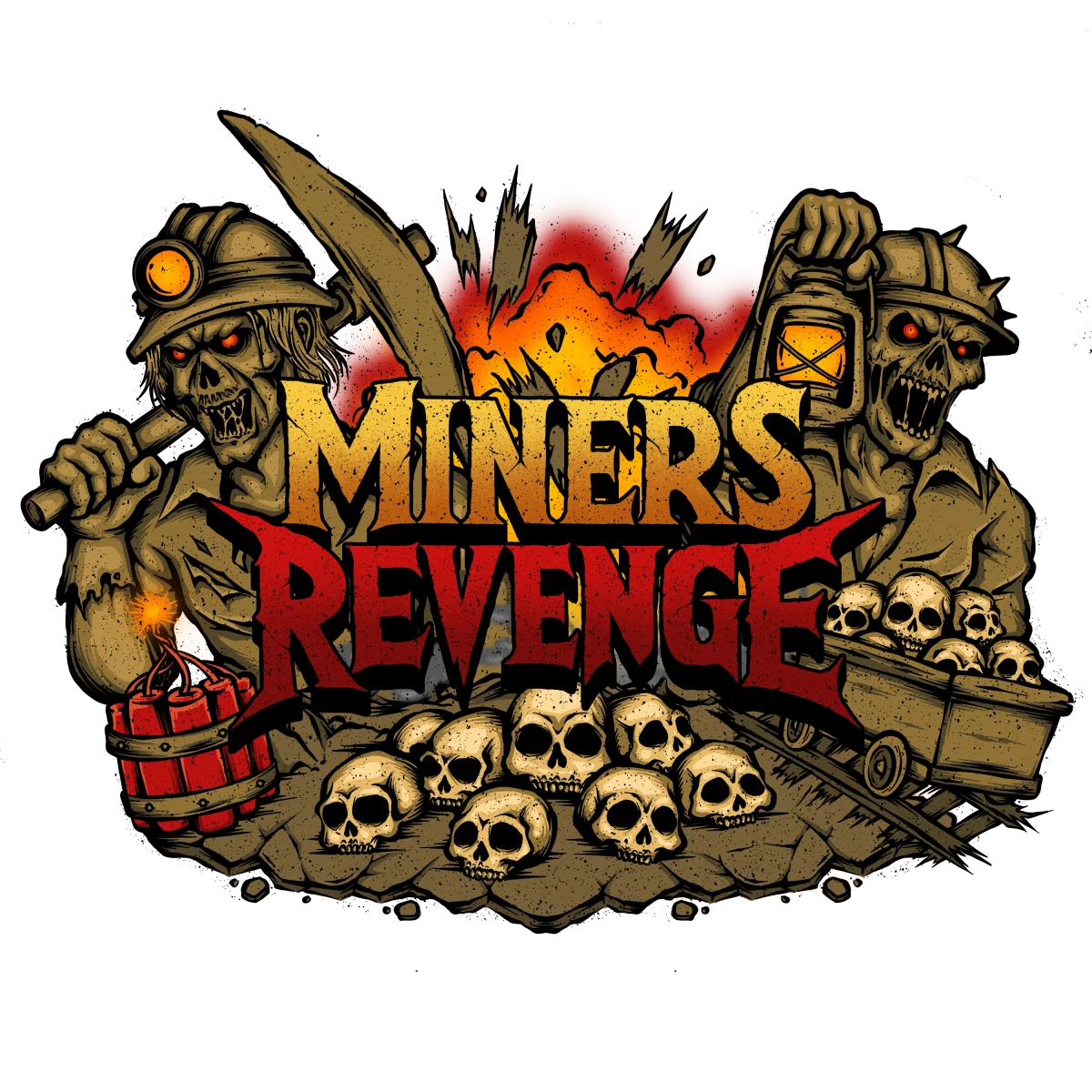 Miner's Revenge - 2026 haunted attraction key art: undead miners, skulls, and a burning mine