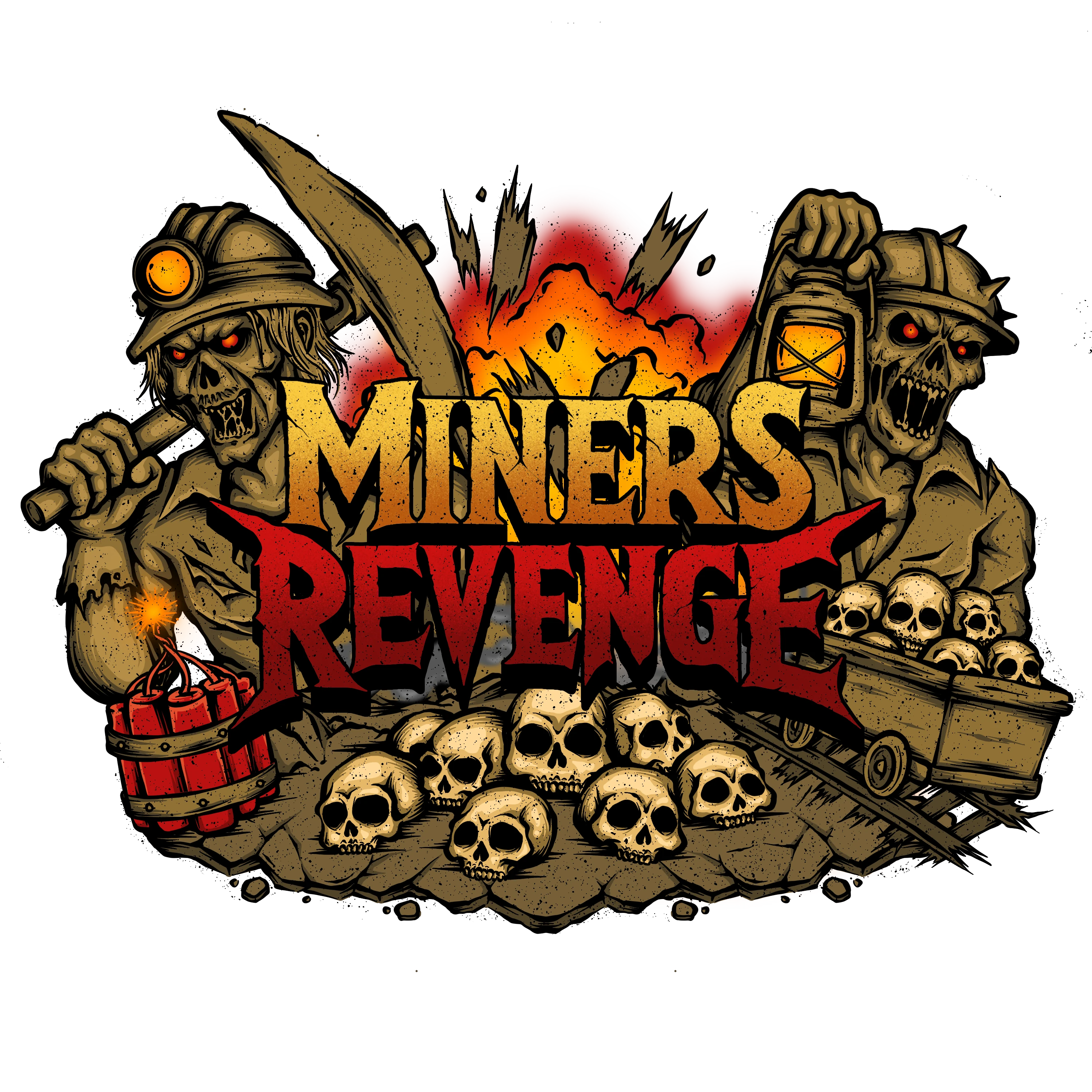 Miner's Revenge - 2026 haunted attraction key art: undead miners, skulls, and a burning mine