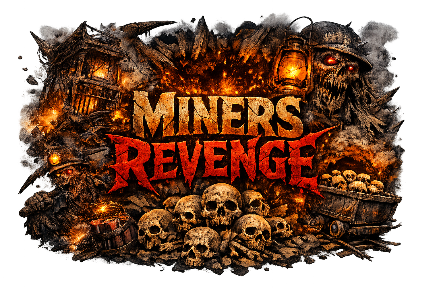Miner's Revenge - 2026 haunted attraction key art: undead miners, skulls, and a burning mine