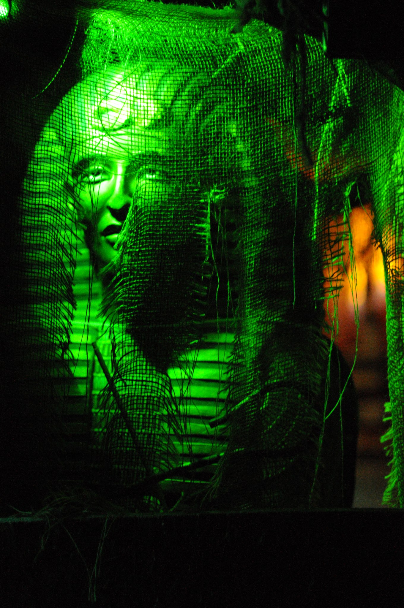 Mummy-wrapped figure glowing green behind burlap netting